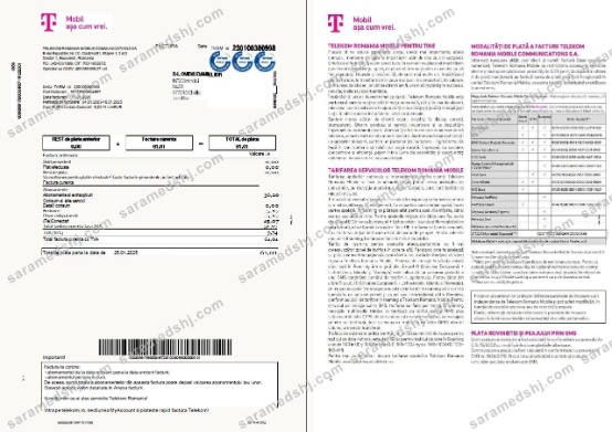 Romania T-Mobile utility bill template in Word and PDF formats, 4 pages, 1-2 pages